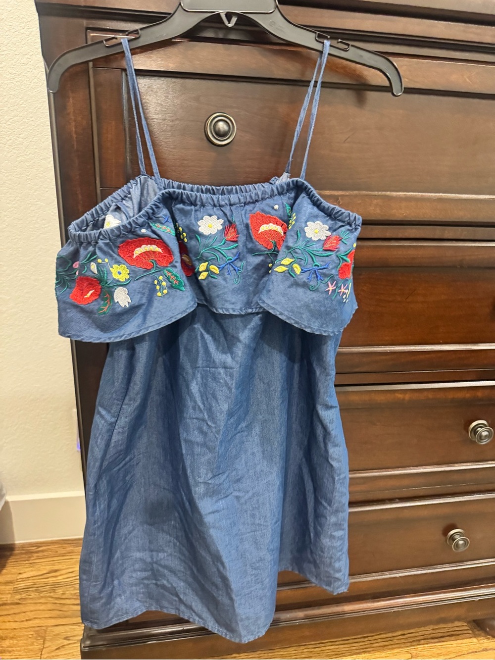 Blue denim Embroidered Chambray Spaghetti Strap off shoulder Dress